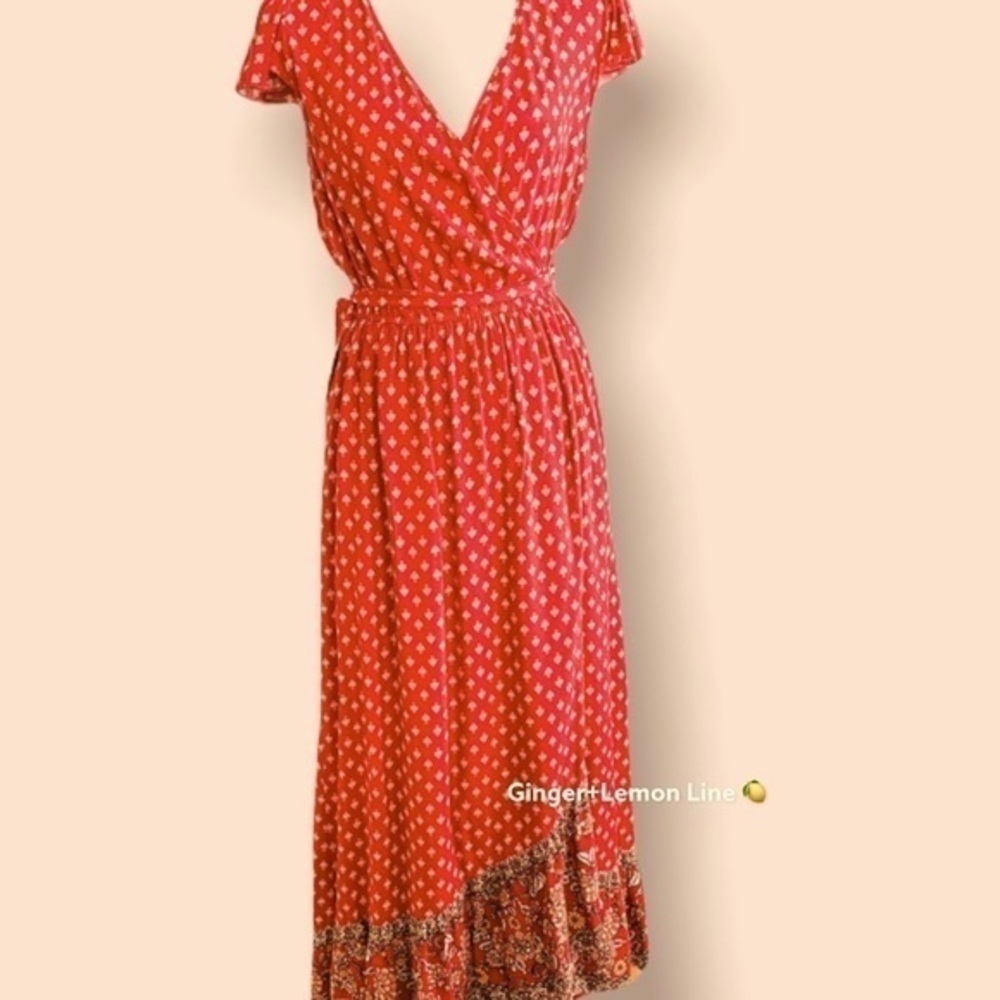 XHILARATION Gypsy Rose Block Print Red Floral Wrapped Maxi Dress Sz XS EUC